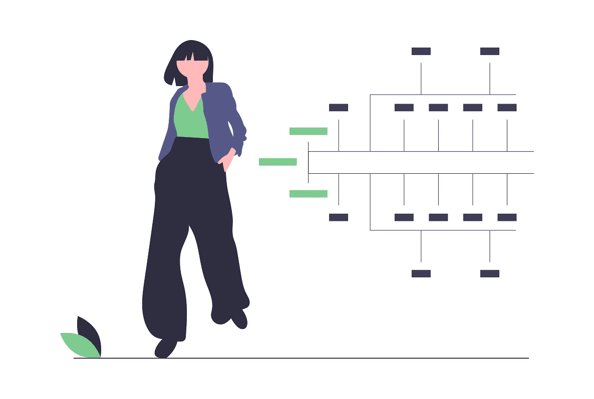 Woman stands next to a diagram of her strategy