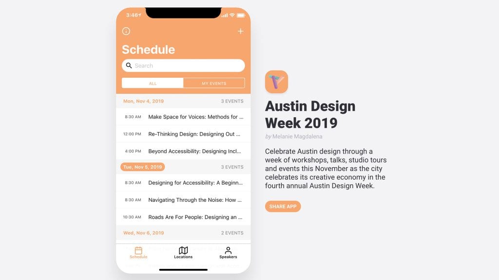 Screenshot of the app Schedule page with a list of events group by day and ordered by time.